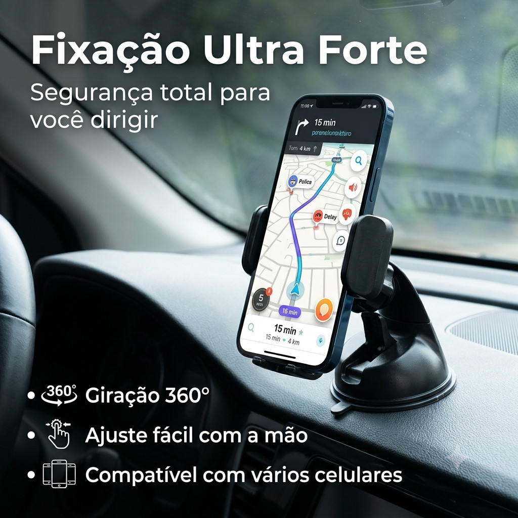 Suporte de Celular Veicular Automotivo 360º Universal Ajustável com Ventosa Gruda no Painel Vidro Parabrisa para GPS Enc