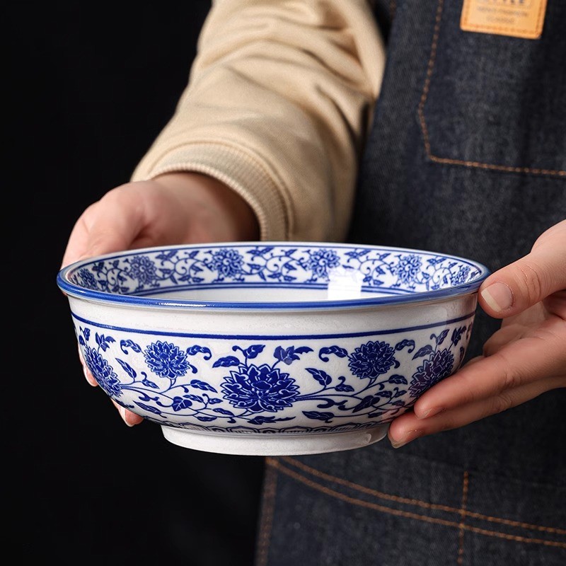 Chinês azul branco mingau macarrão tigela de sopa carne Ramen macarrão instantâneo pés altos Anti-escaldante engrossado 