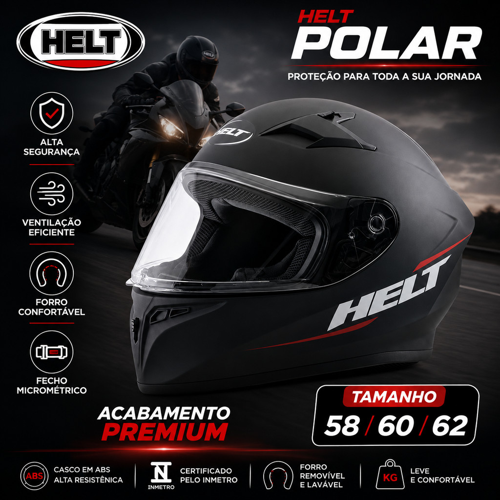 Capacete Moto Masculino Feminino Preto Fosco Helt Tamanho 58/60/62