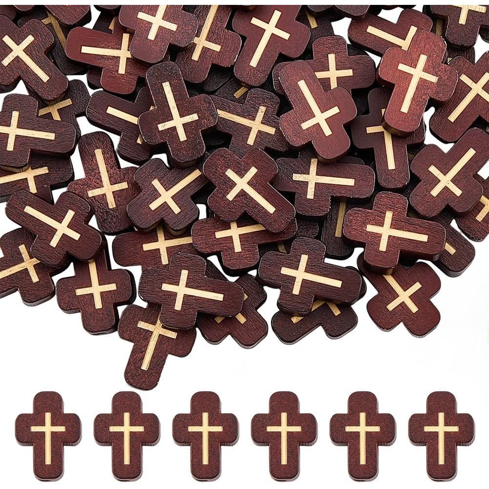 SUNNYCLUE 1 Caixa com 80 Peças de Contas de Madeira em Forma de Cruz, Mini Crucifixos, Contas de Madeira Marrons para Na