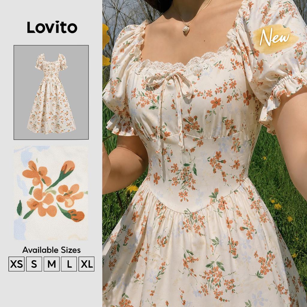 (New Arrival) Lovito Vestido Elegante com Babados No Decote e Amarração Vestido