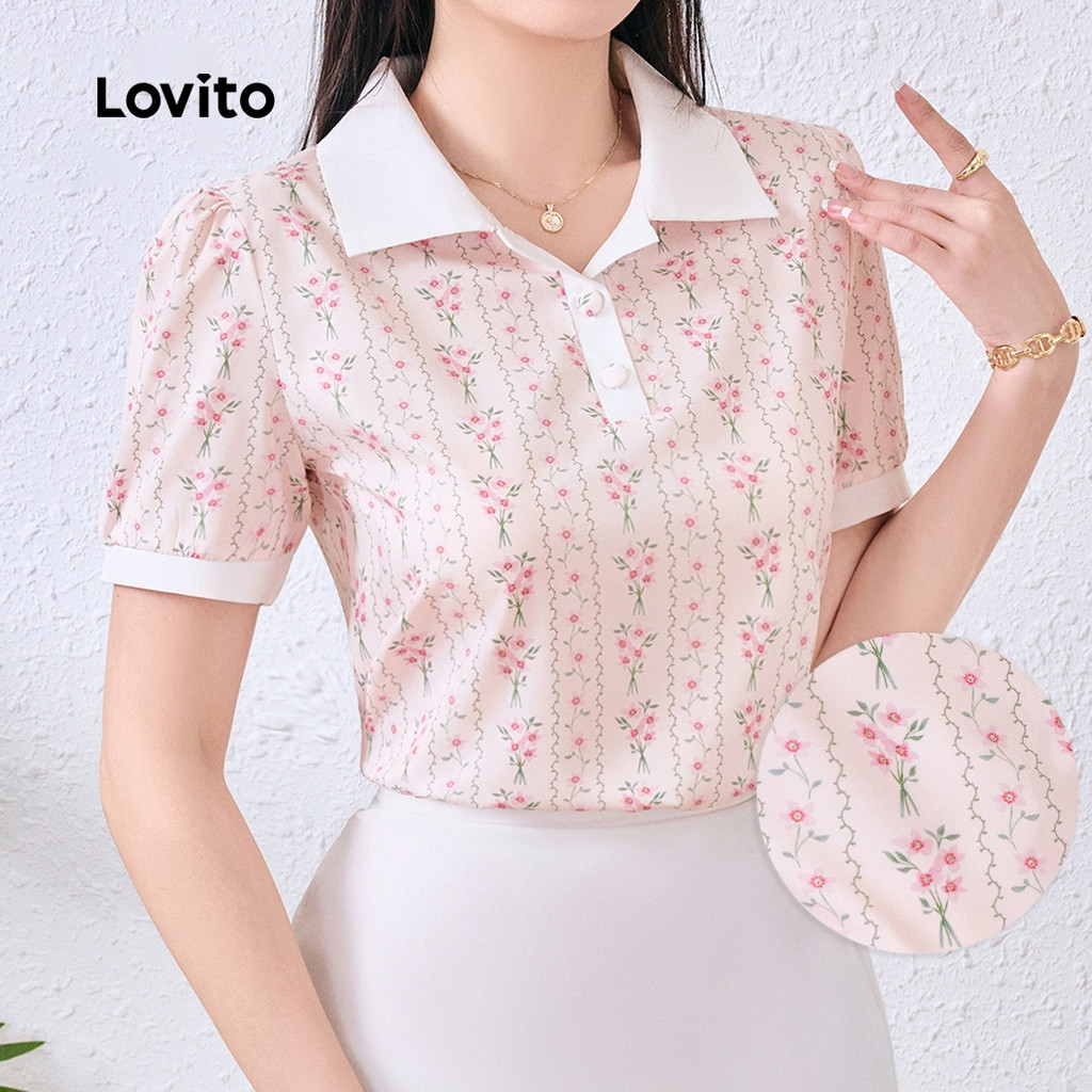 Lovito Casual Blusa com Botão Bloco de Cores Macia e Confortável Blusa de primavera/verão L137ED688
