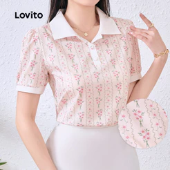 Lovito Casual Blusa com Botão Bloco de Cores Macia e Confortável Blusa de primavera/verão L137ED688
