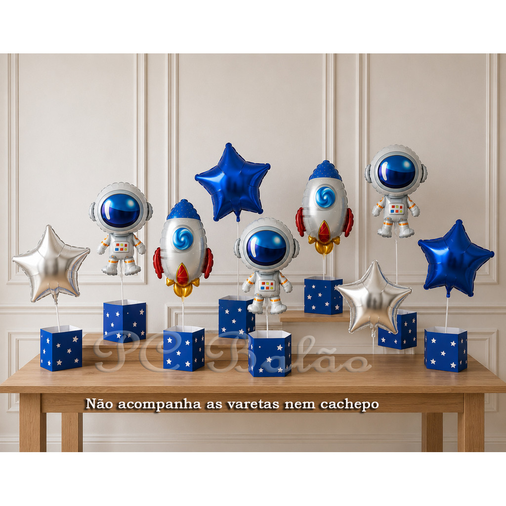 Kit 12 Balão Metalizado 4 ASTRONAUTA + 4 FOGUETE + 4 ESTRELA Centro de Mesa ANIVERSÁRIO