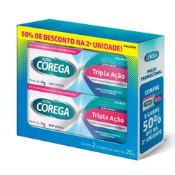 Corega Ultra Tripla Ação Fixador de Dentadura Sem Sabor 20g cada com 50% de Desconto na Segunda Unidade