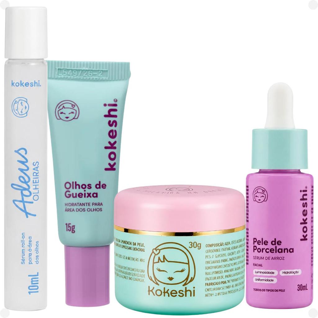 kit Kokeshi: Sérum Roll-On Adeus Olheiras 10ml, Creme Hidratante Olhos de Gueixa 15g, Creme Facial e Sérum Fácial