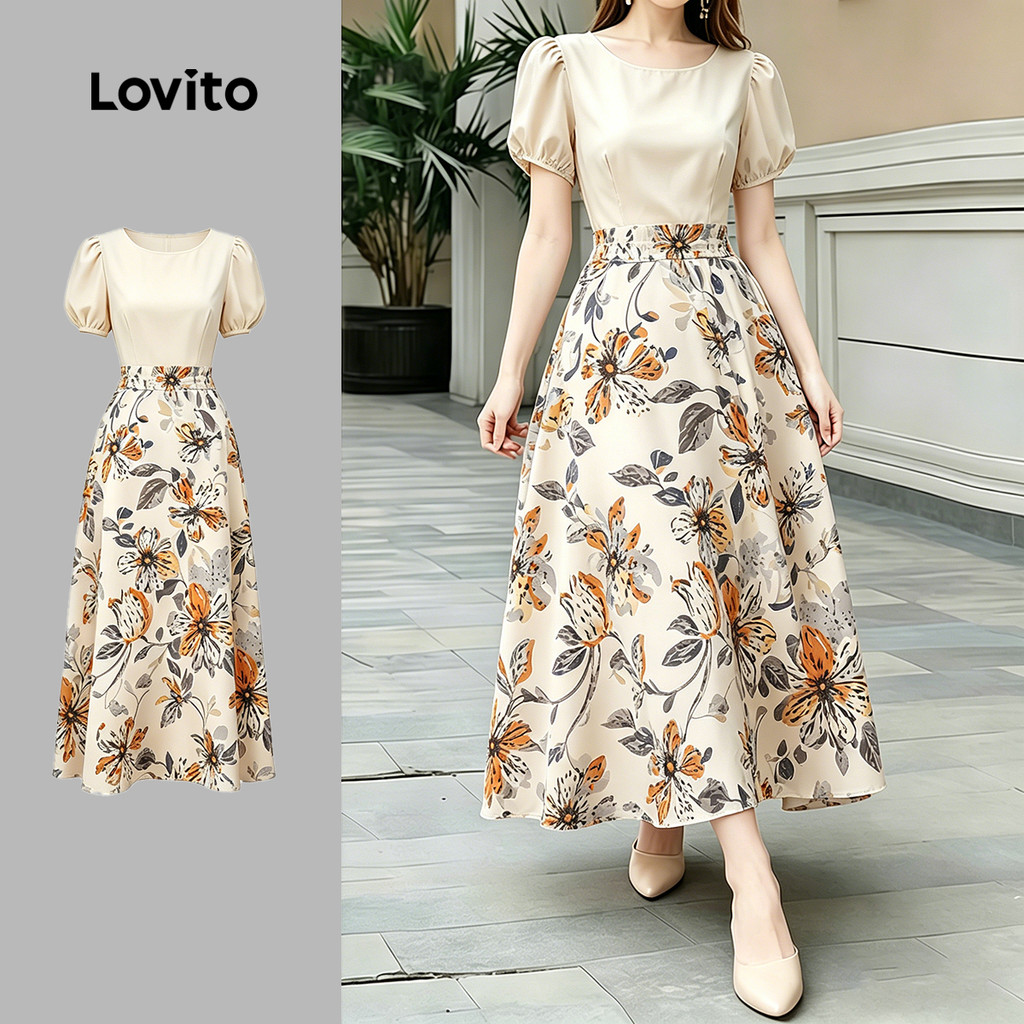 (New Arrival) Lovito Vestido Elegante de Tecidos e Flores para a Primavera/verão