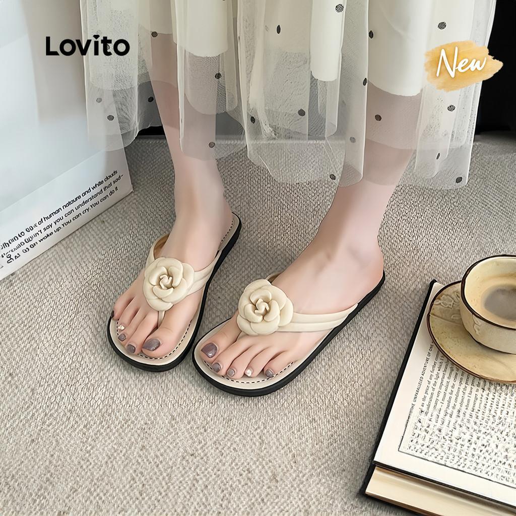 (New Arrival) Lovito Sandálias Rasteiras Casuais Estilo Coreano Para Praia Modelo Camélia-damasco Para Mulheres LFA118033