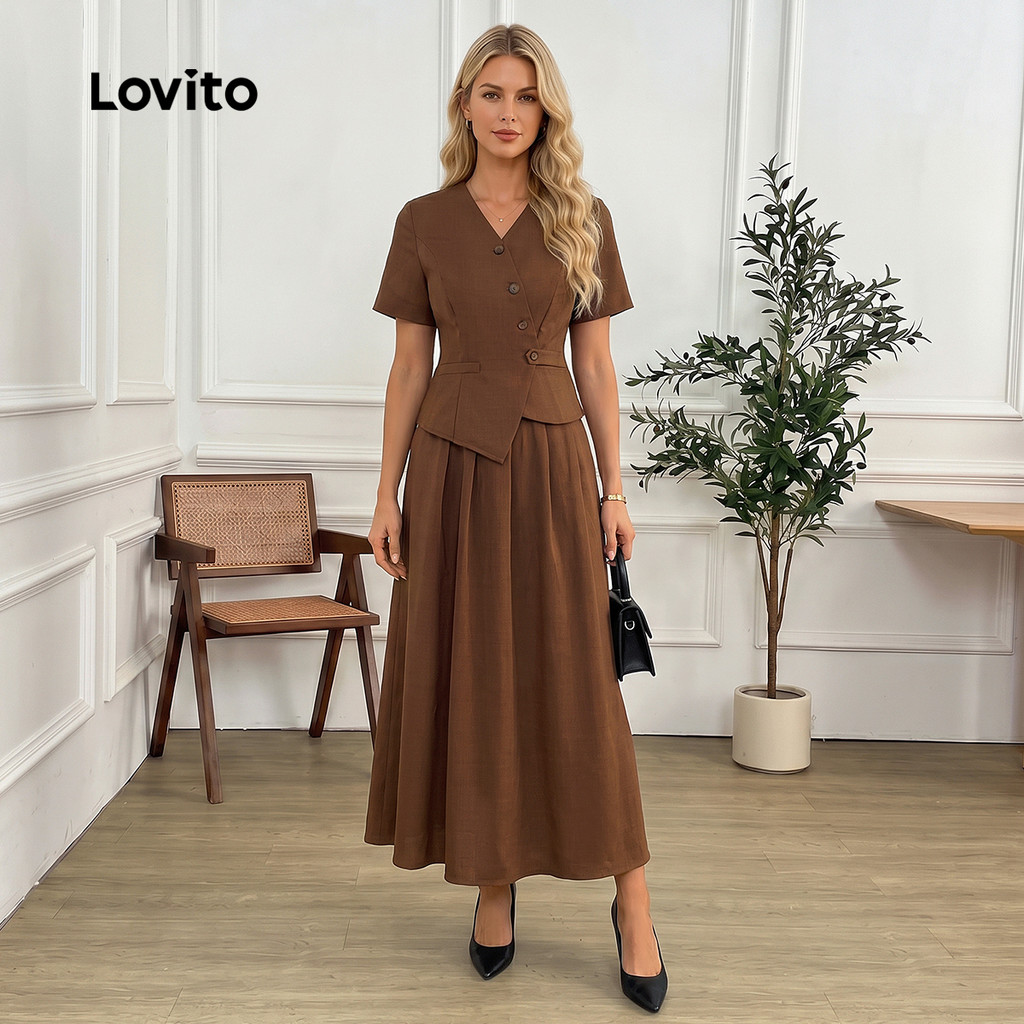 Lovito Tops ou Bottoms Casuais com Pregas Irregulares e Botão Marrom Primavera/verão para Mulheres KSB38BR090 · foto 2