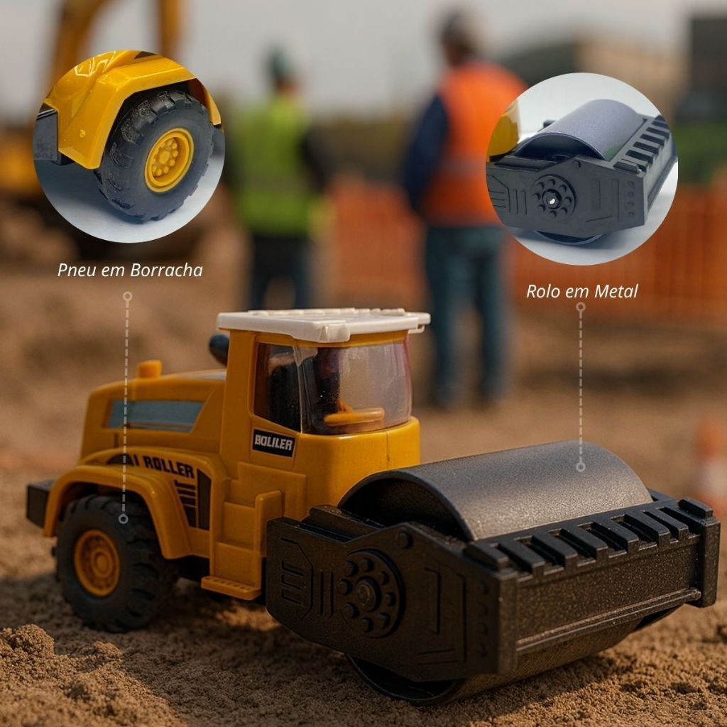 Miniatura Rolo Compressor Fricção com Rolo de Metal – Veículo Construção 13cm