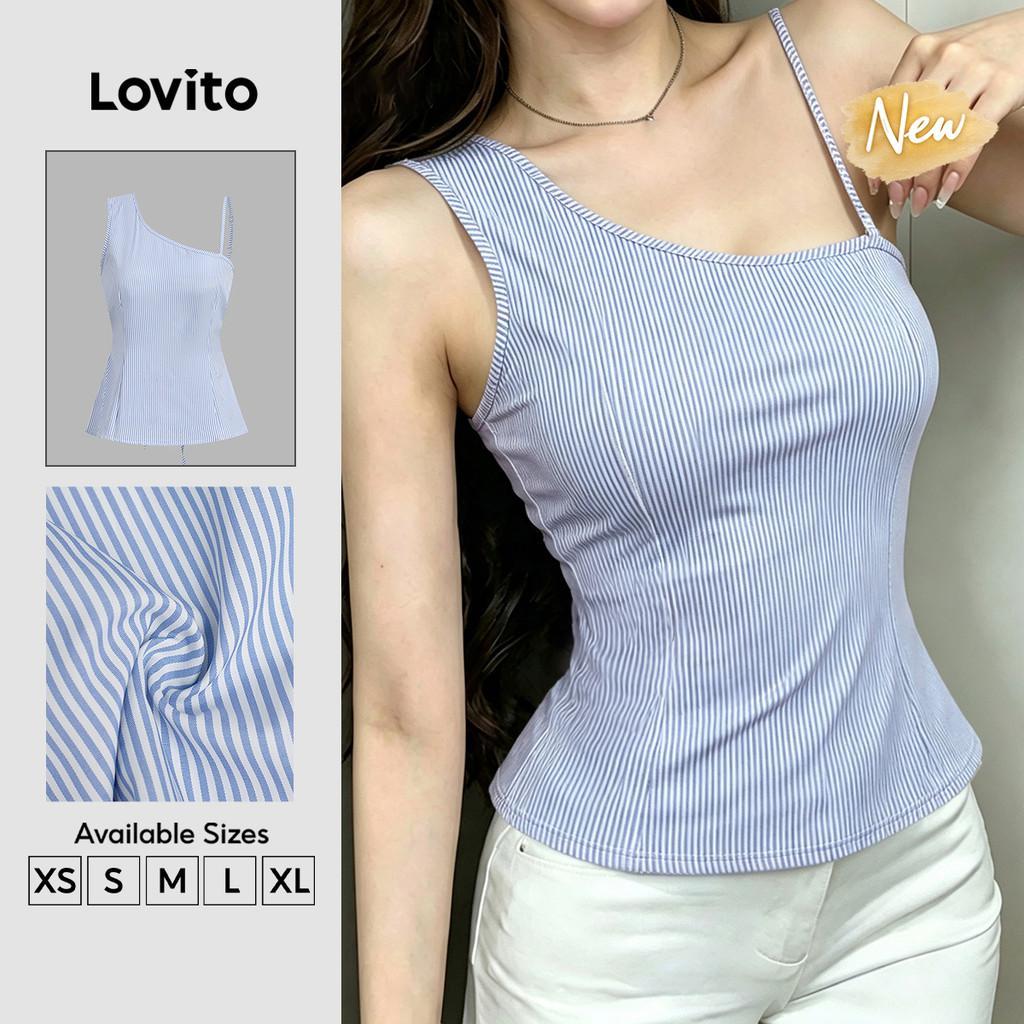 (New Arrival) Lovito Top Casual com Ombro À Mostra Laço Nas Costas e Corte Assimétrico Azul/branco Primavera/verão para mulheres TKB202P2D213