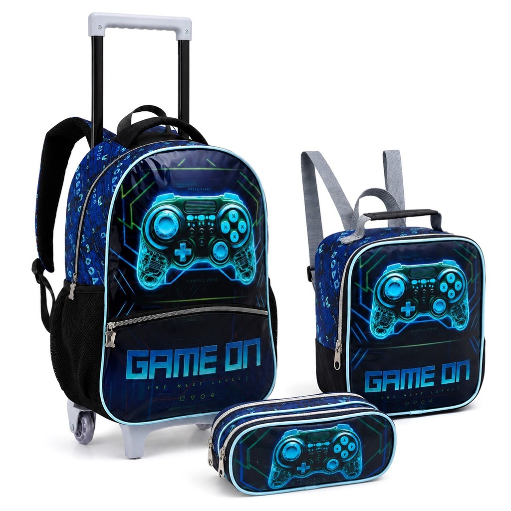 Conjunto Escolar Mochila Reforçada Para Meninos Com Rodinhas Lancheira Térmica + Estojo Duplo
