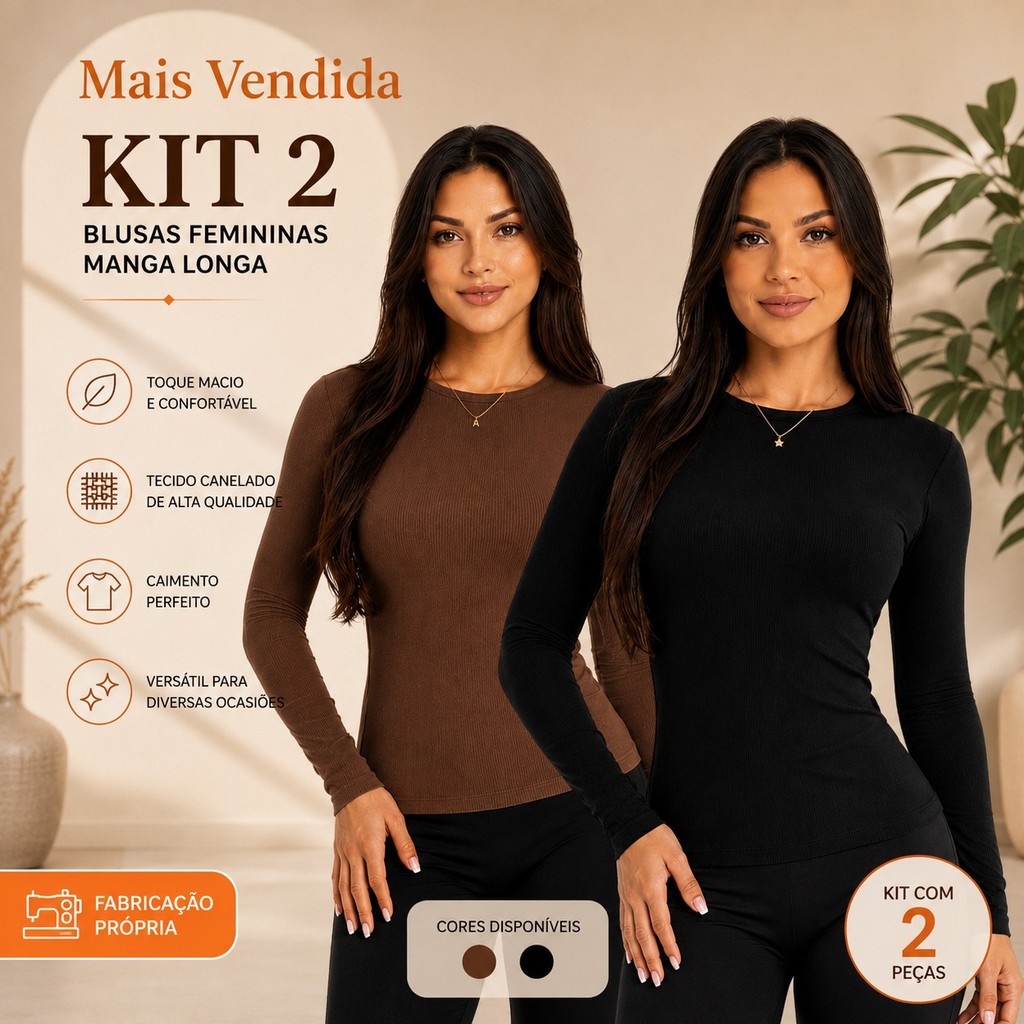 KIT 2 Blusas Manga Longa Feminina Inverno Ribana Canelada Justa Elegante Básica Frio Tendência