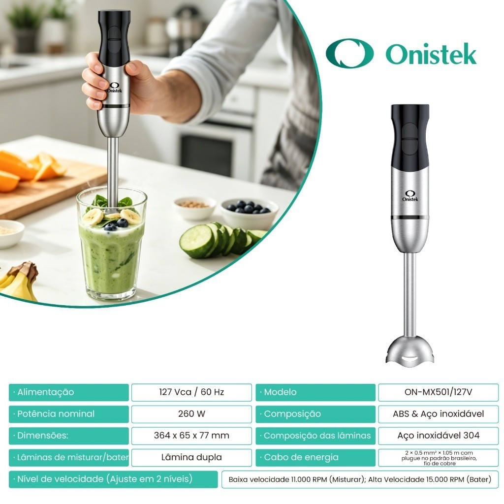 Mixer de Mão Elétrico Inox 260W 2 Velocidades Lâminas Inox 304 para Sopas e Vitaminas onistek · foto 2