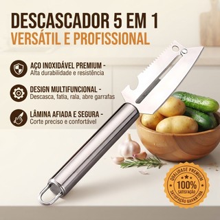 Faca Descascador Fatiador 4 em 1 Aço Inox Utensílios de Cozinha Multifuncional Abridor e Descamador