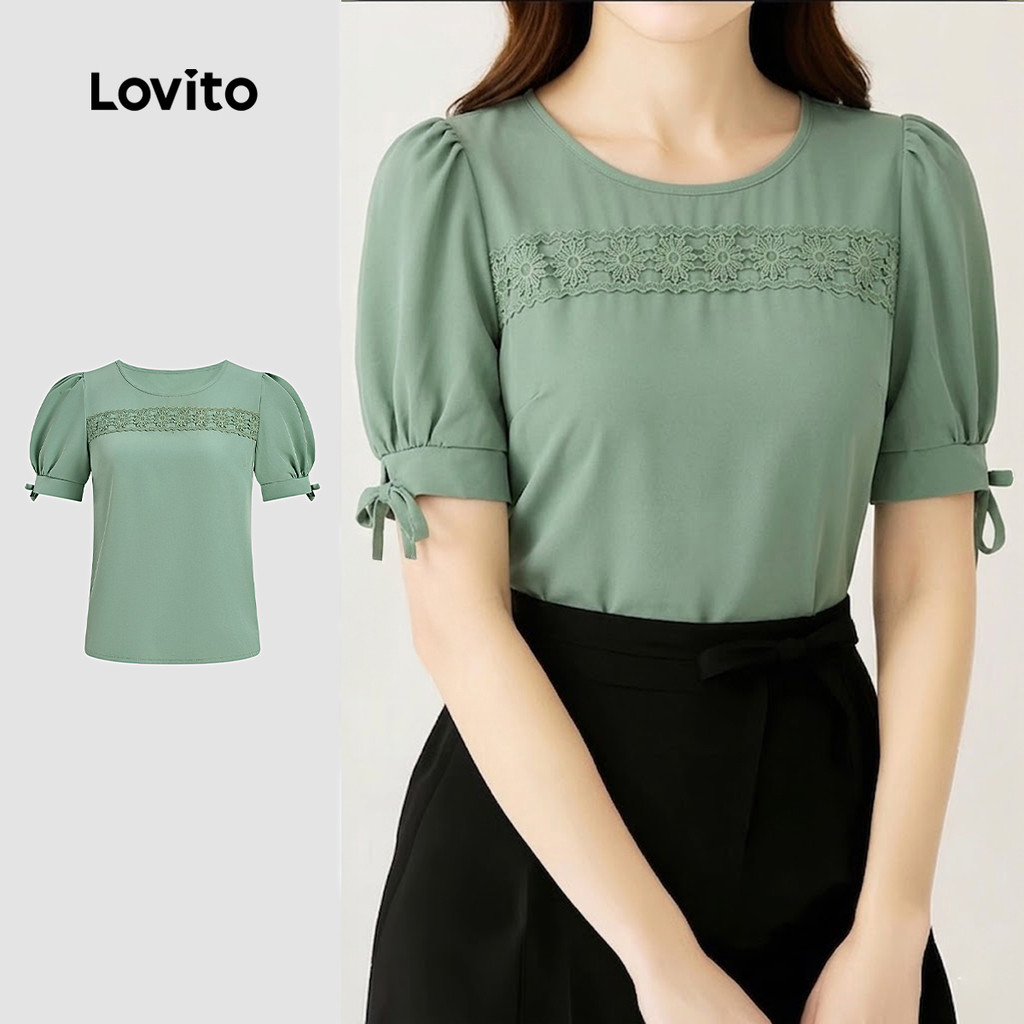 (New Arrival) Lovito Blusa Casual de Renda Plissada Blusa Verde Primavera/verão 