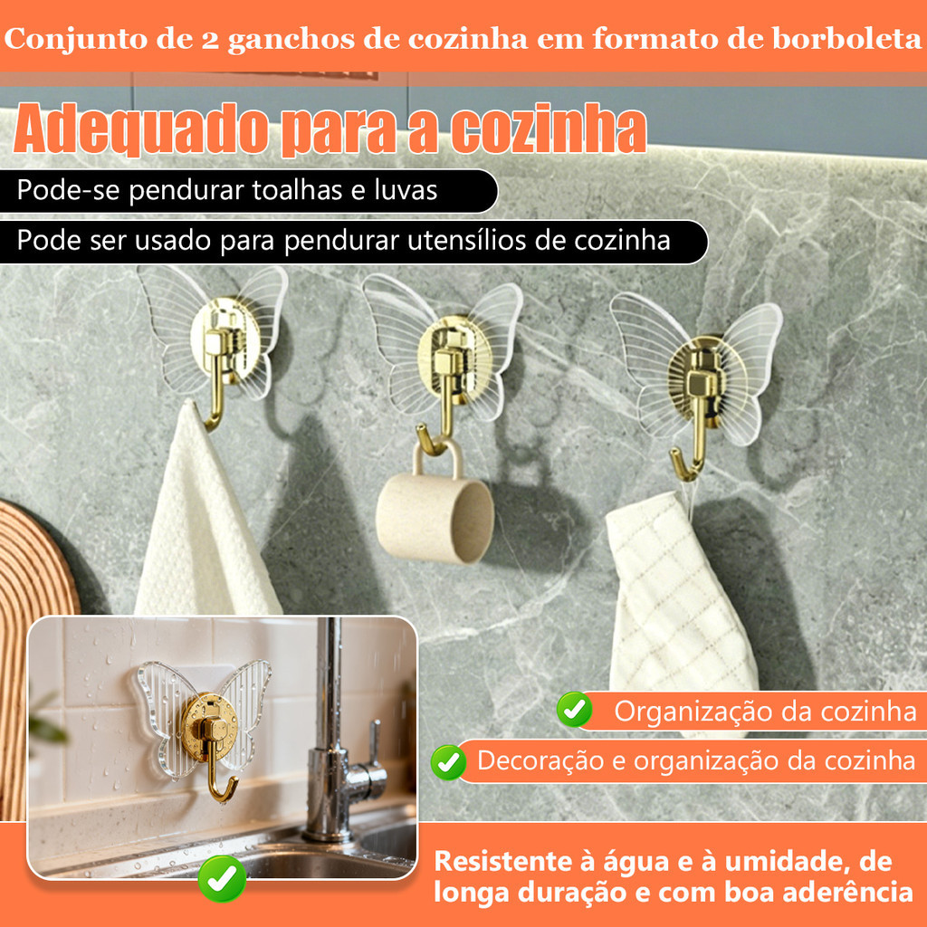 Kit 2 Gancho Borboleta Acrílico Dourado – Autocolante Sem Furo Decoração — imagem 2 de 2