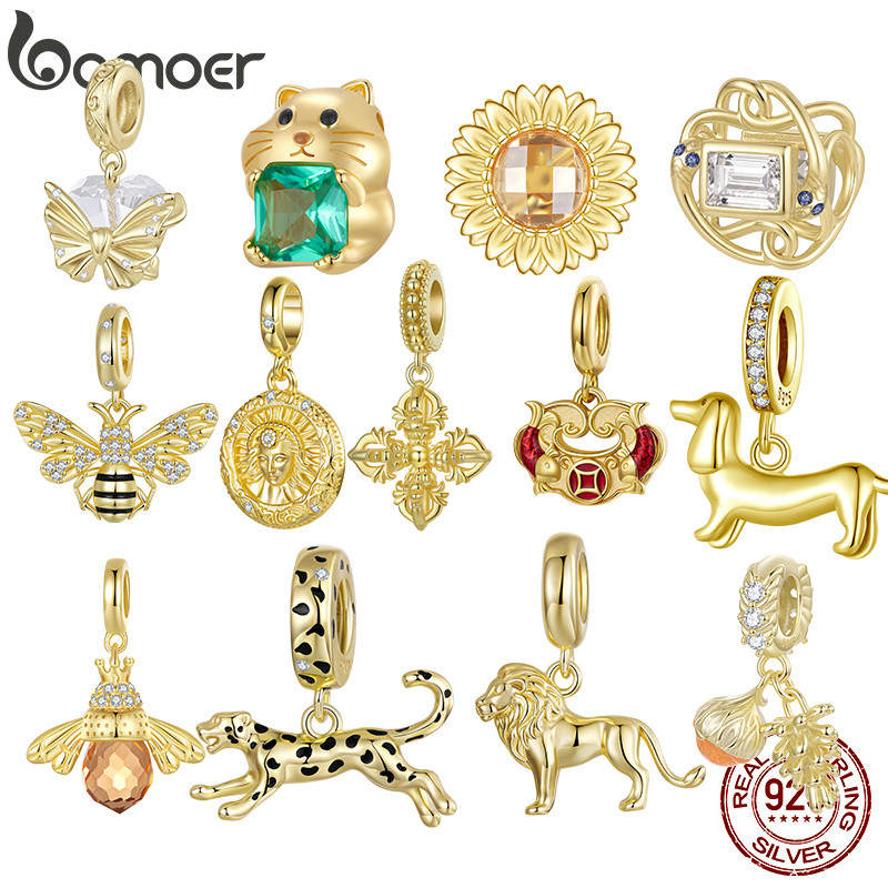 Bamoer 925 Prata Esterlina Banhado A Ouro Sorte Charme Grânulo Pingente Dourado DIY Para Pulseira Jóias Presente