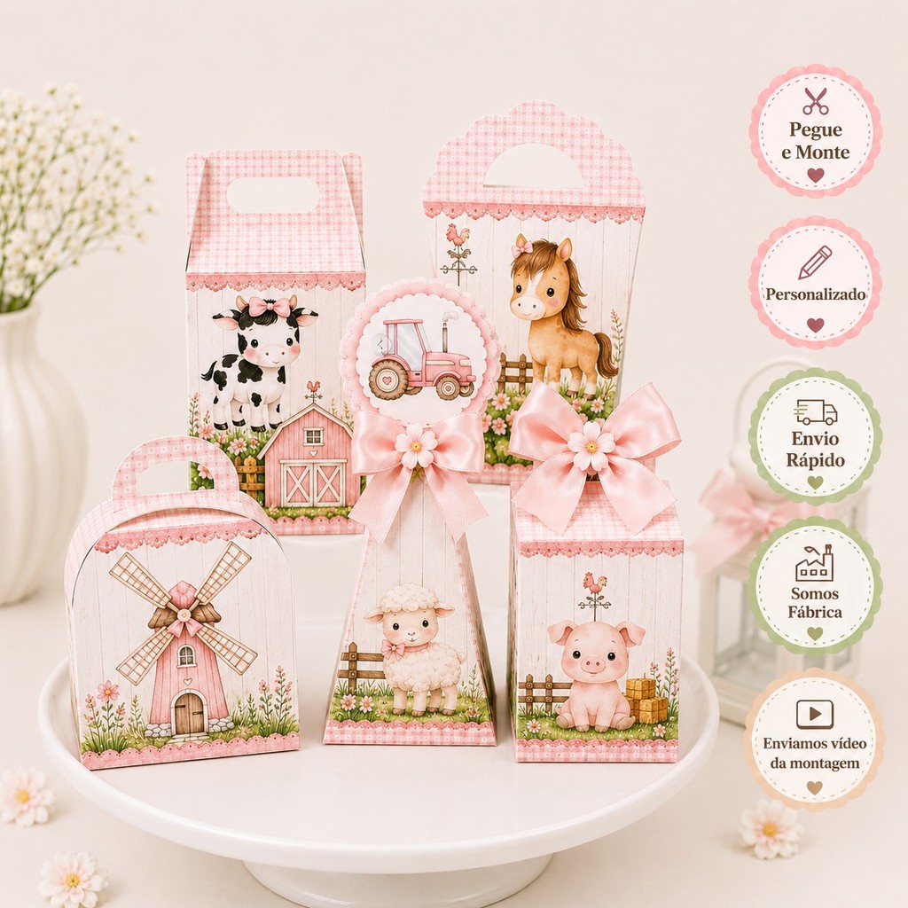 Kit de Caixinhas Personalizada no tema Fazendinha Rosa para Lembrancinhas de festa Infantil com 10 a 40 unidades