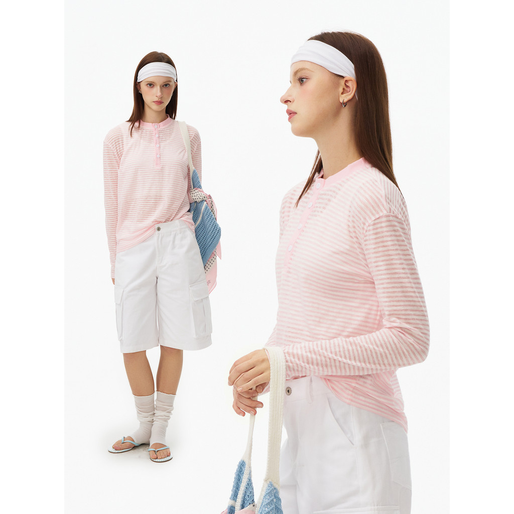 Bosie blusa listrada feminina verão gola Henry manga comprida camiseta solta estilo preguiçoso Top camisa de ar condicio
