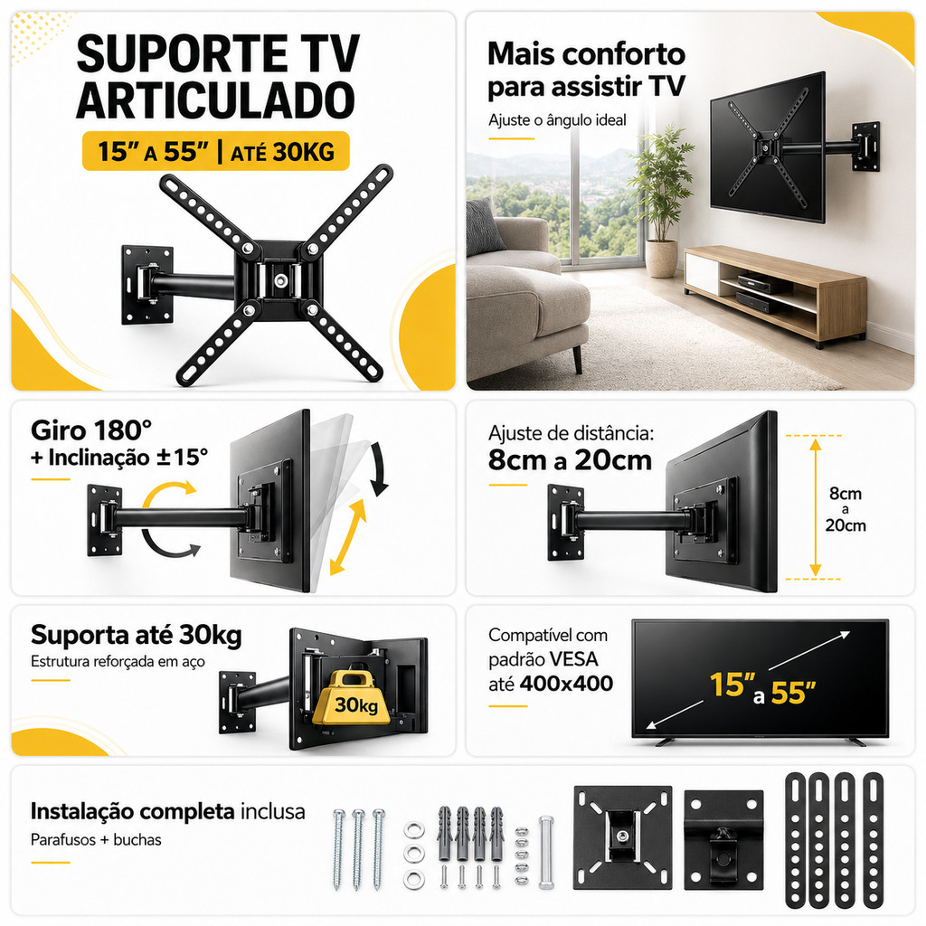 Suporte Articulado TV 15 a 55 Polegadas Universal Até 30kg Giro 180° VESA 400x400 — imagem 2 de 2