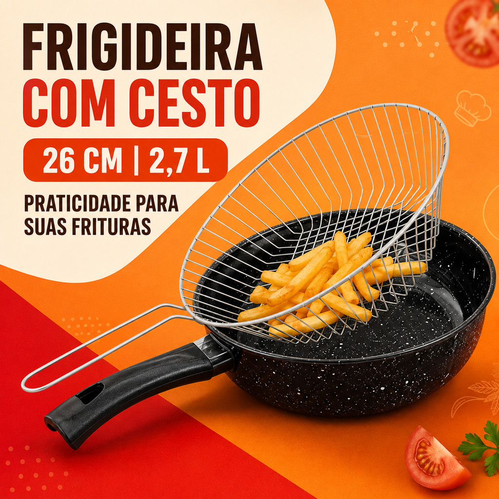 Frigideira Esmaltada 26cm com Cesto Fritura 2,7L Cabo Baquelite Preta para Fogão a Gás Uso Doméstico