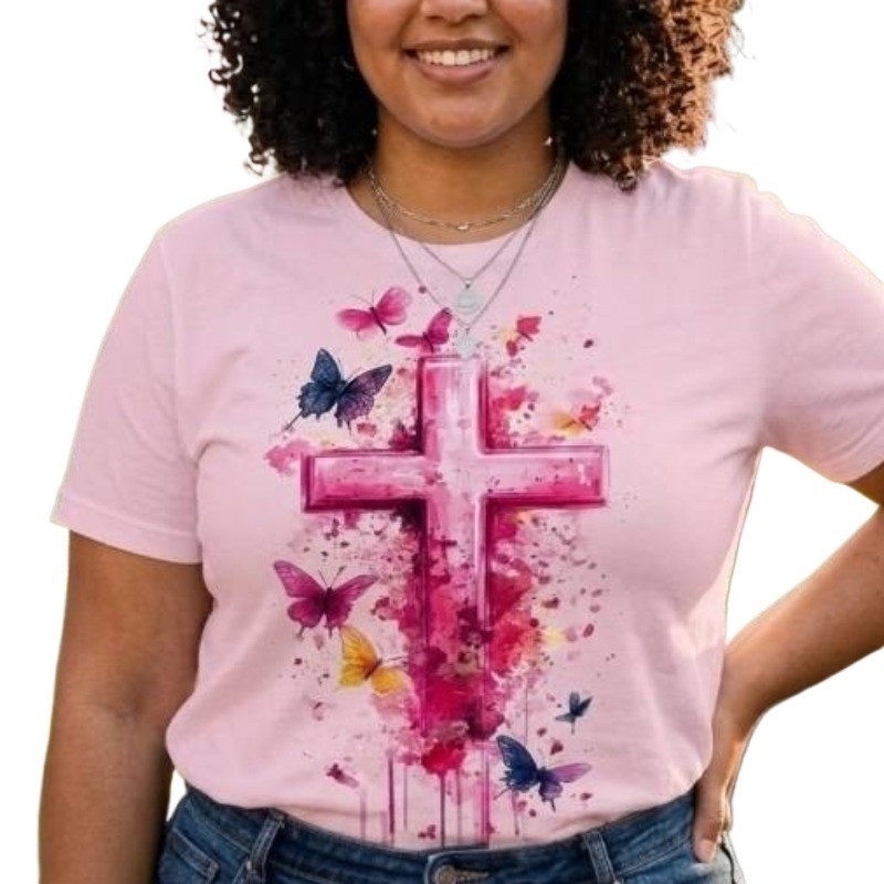 Camiseta  Feminina Blusa Over Estampa De CRUZ Colorida Cristã Religiosa 100%Algodão Moderna Estilosa Confortável