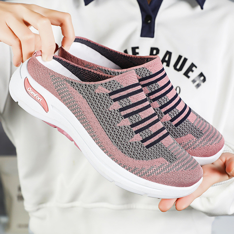 Sapatos femininos 2025 primavera verão sapatos preguiçosos sapatos casuais respirável Flyknit meia chinelos sapatos mãe