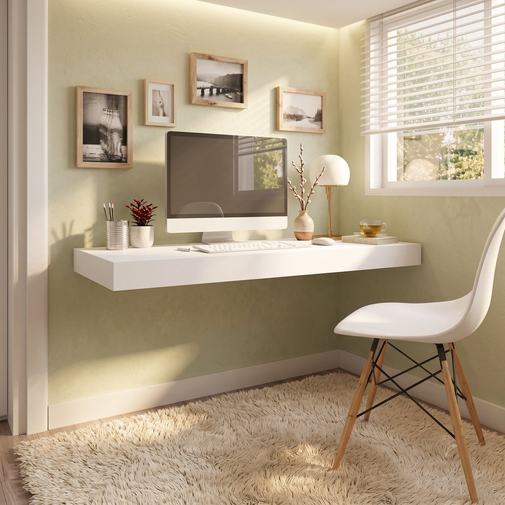 Escrivaninha Mesa Escritório Suspensa em 100% MDF 120cm Branca Branco