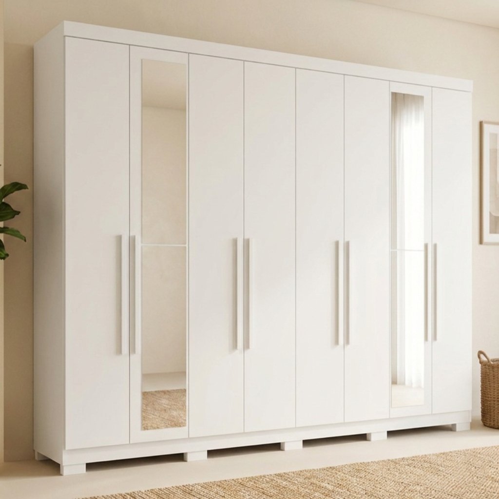 Guarda-Roupa Casal com Espelho e Pés 8 Portas 4 Gavetas Master New Branco Branco