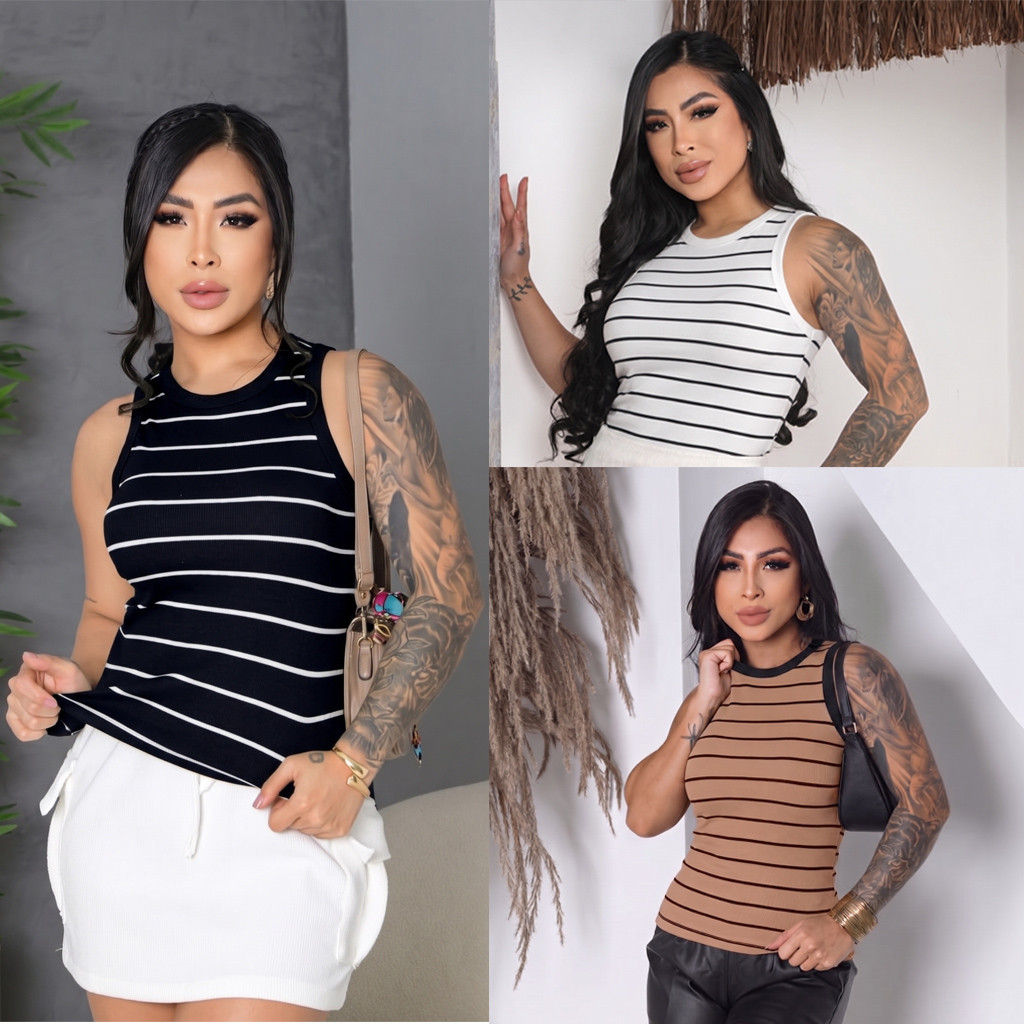 Kit 3 Camiseta Feminina Regata Canelada Listrada e Lisa Ribana Camiseta Básica Blusa Casual