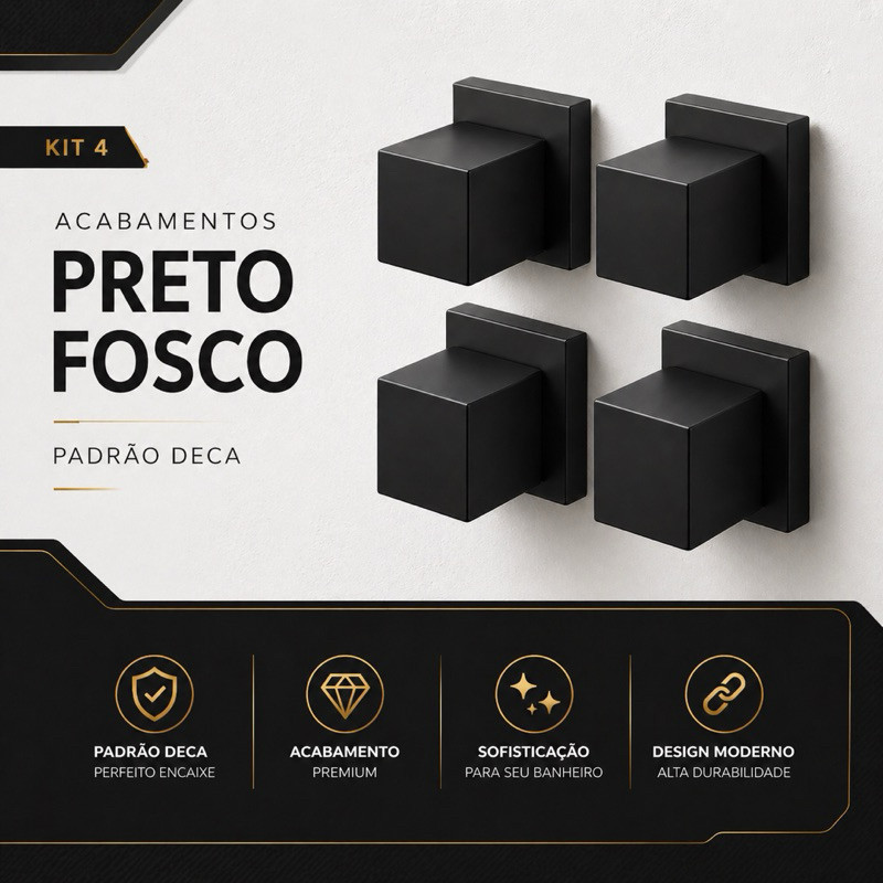 Kit 4 Acabamentos Registro Preto Fosco Quadrado Padrão Deca 16 Estrias Luxo Banheiro