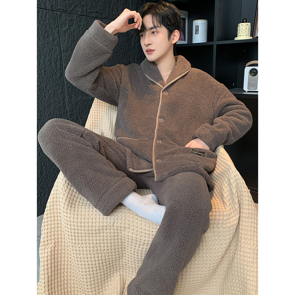 Pijamas masculinos estilo inverno Coral velo outono inverno estilo masculino inverno engrossado mais velo pode usar fora