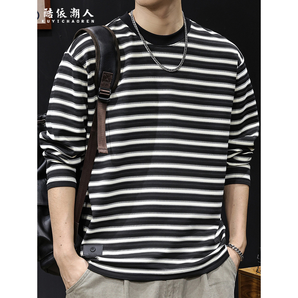 2026 novo estilo preto branco listrado manga comprida camiseta masculina primavera outono estilo americano Street Wear p