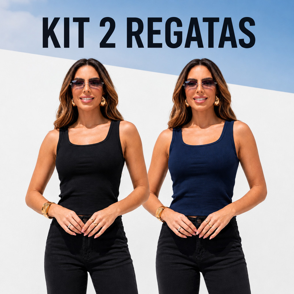 Kit 2 Regatas Femininas Caneladas Algodão Elastano Alça Larga Modelagem Justa Básicas Confortáveis