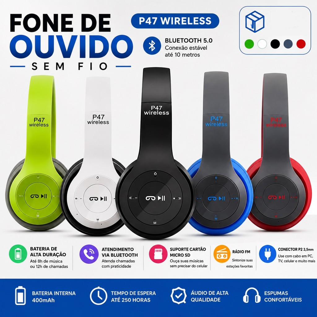 Fone P47 Headphone Sem Fio Estéreo Redução de Ruídos Bluetooth 5.0 Universal Vancon