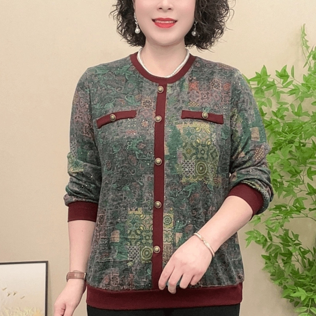 Estilo ocidental primavera outono mulheres idosas de meia-idade Plus Size mãe topo velha senhora camiseta camisa de fund