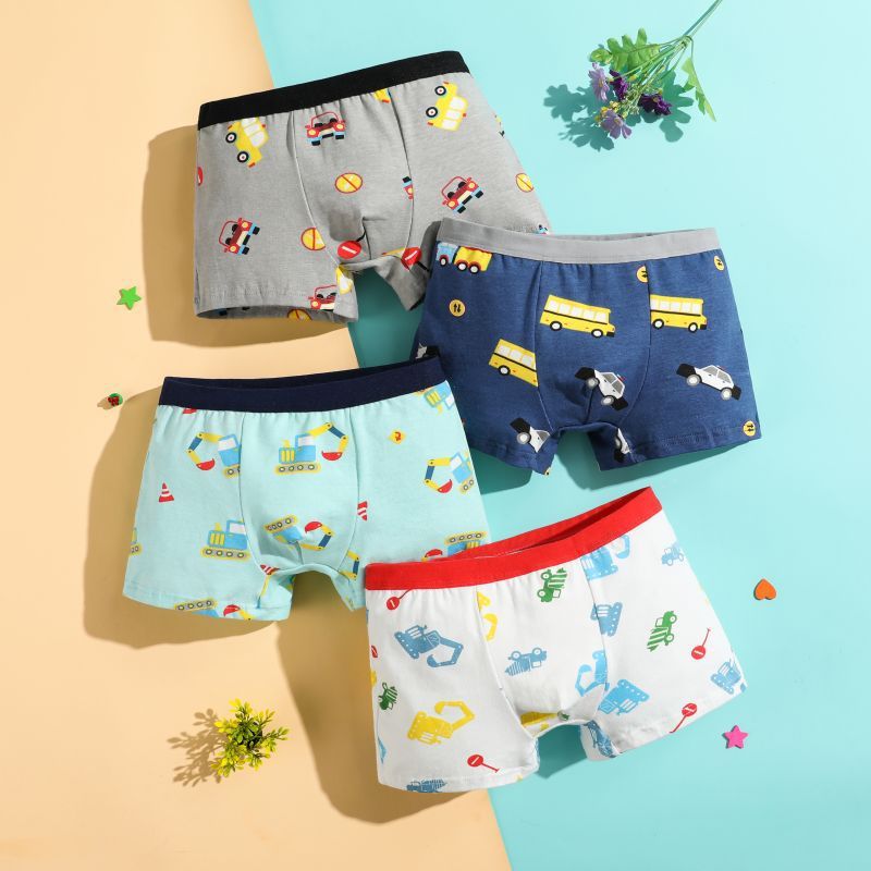 Pacote com quatro peças de cuecas de algodão para meninos, cuecas boxer infantis, cuecas boxer com estampas de desenhos 