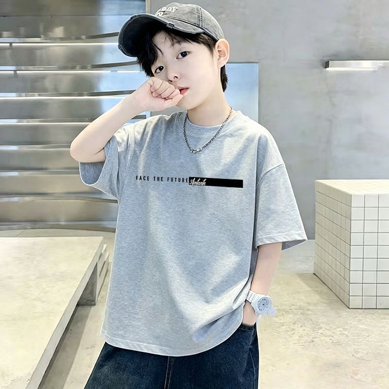 Meninos Bonito Algodão Manga Curta Camiseta Solta Esportes Em Torno Do Pescoço Meia Verão Versátil Crianças Médias E Gra
