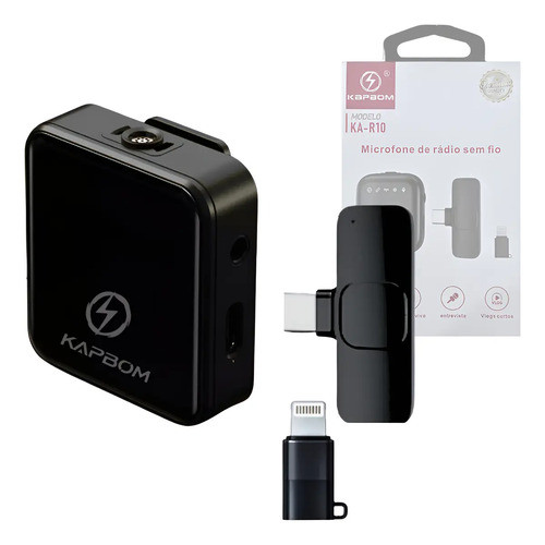 Microfone de Lapela Sem Fio KA-R10 Bluetooth Tipo C e Lightning Preto