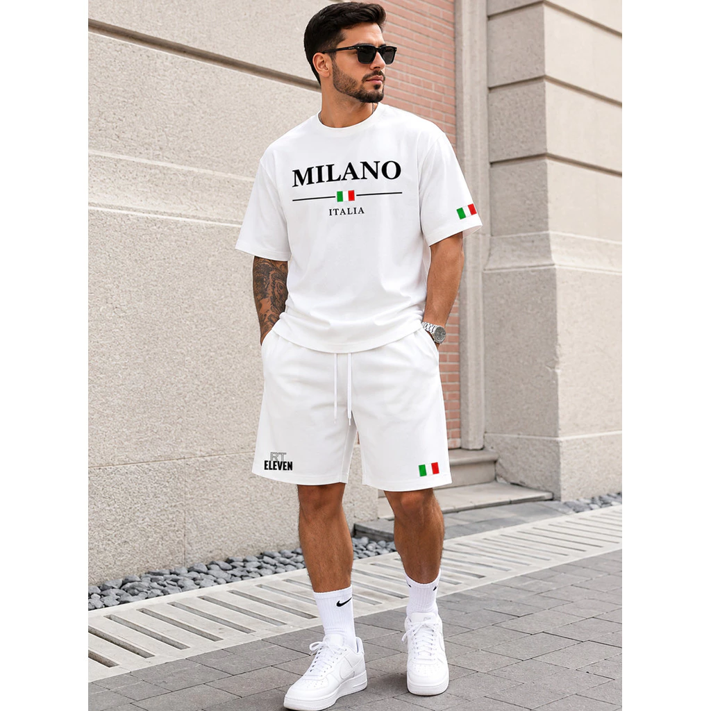 Conjunto Camiseta + Short Moletom Estampado Milano Itália Street Camiseta Malha Linha Premium + Short Mauricinho RT Elev