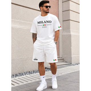 Conjunto Camiseta + Short Moletom Estampado Milano Itália Street Camiseta Malha Linha Premium + Short Mauricinho RT Elev