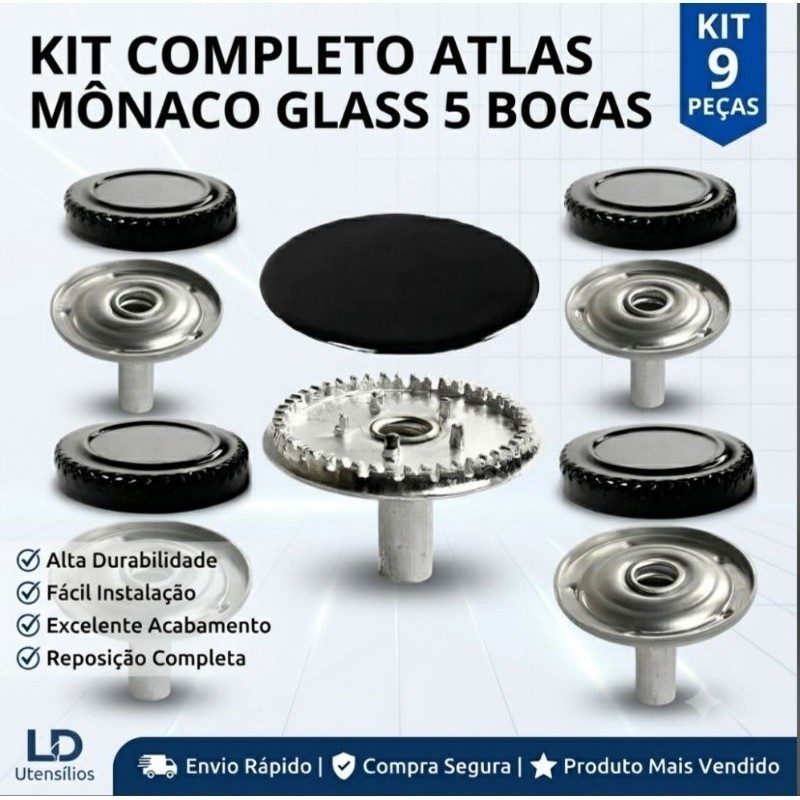 Jogo Completo Atlas Monaco Glass Espalhador + Queimador Tampa Sorvete Mônaco 5 Bocas Compatível Peças Envio Hoje
