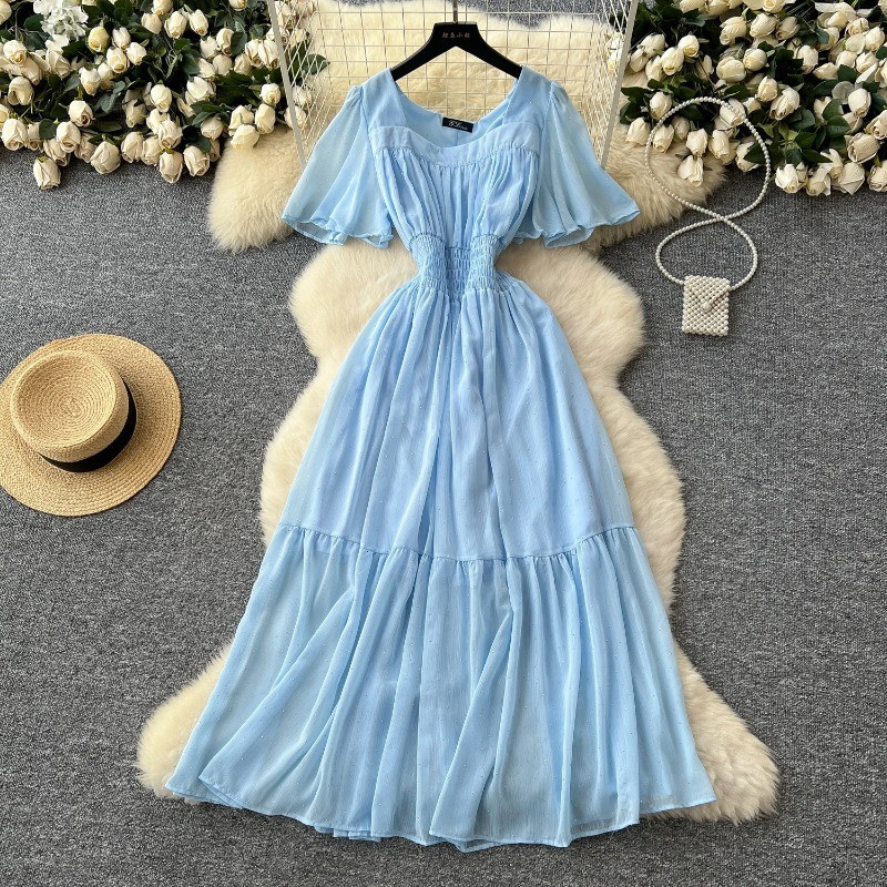 Vestido feminino vintage francês de chiffon, decote quadrado, manga com babados, vestido longo casual, elegante para fes