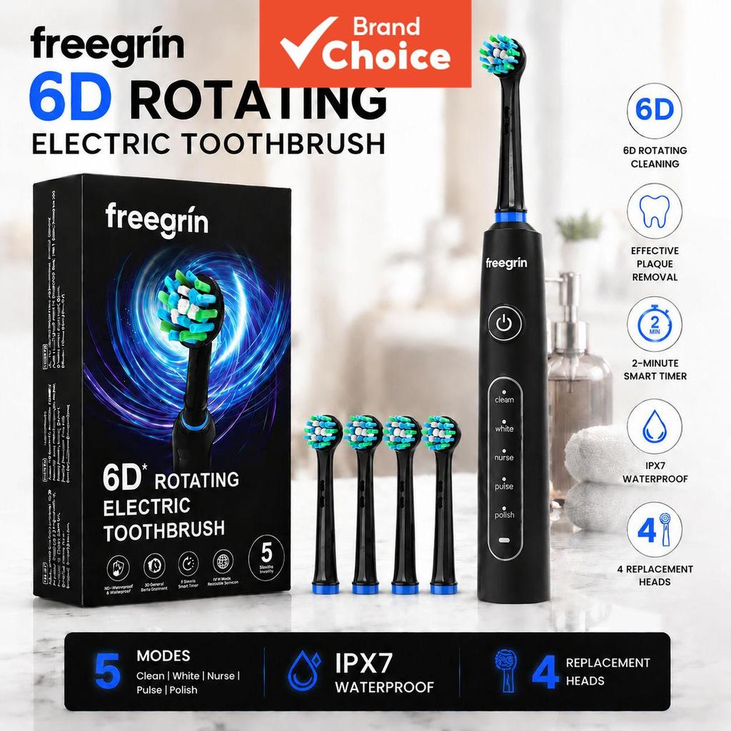 Escova de Dentes Elétrica Freegrin 6D Rotativa com 4 Cabeças de Escova, 5 Modos, Cerdas Macias de DuPont, IP67 à Prova