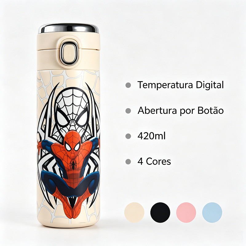 Garrafa Térmica 420ml com Display Digital e Tampa com Trava – Mantém Temperatura por Horas Homem-Aranha aranha