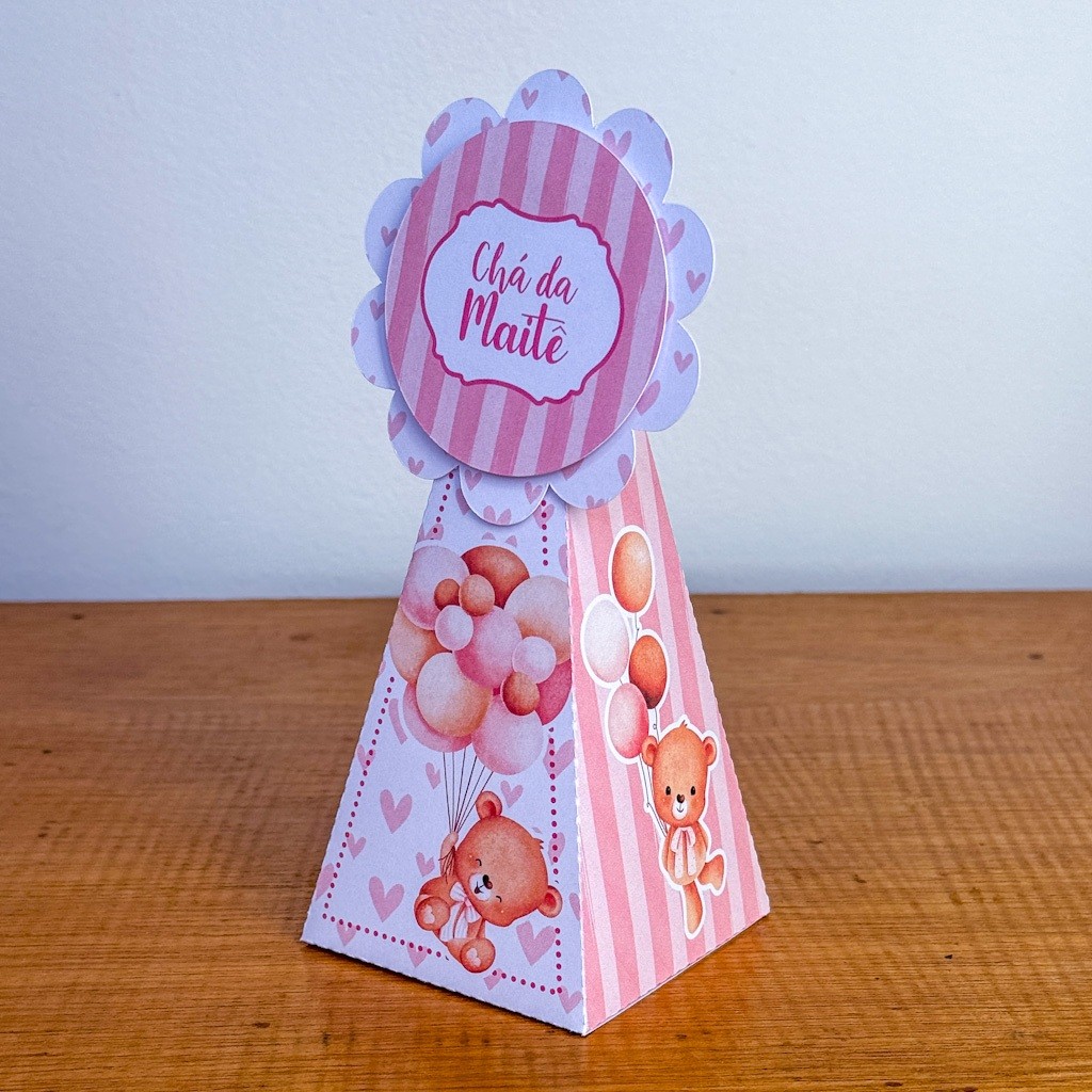Caixinha Cone Piramide  Chá de Bebê Ursinha Rosa  para Lembrancinha para Festa Personalizada Qualquer Tema