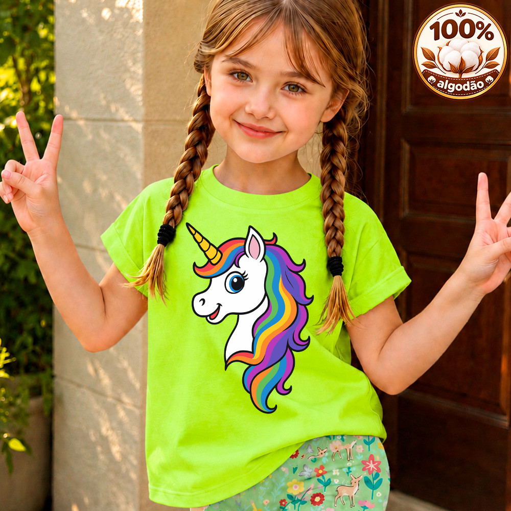 Camiseta Blusa Camisa Meninas Infantil Desenho Unicórnio - 100% Algodão Diversas Cores Azul  do 02 ao 12