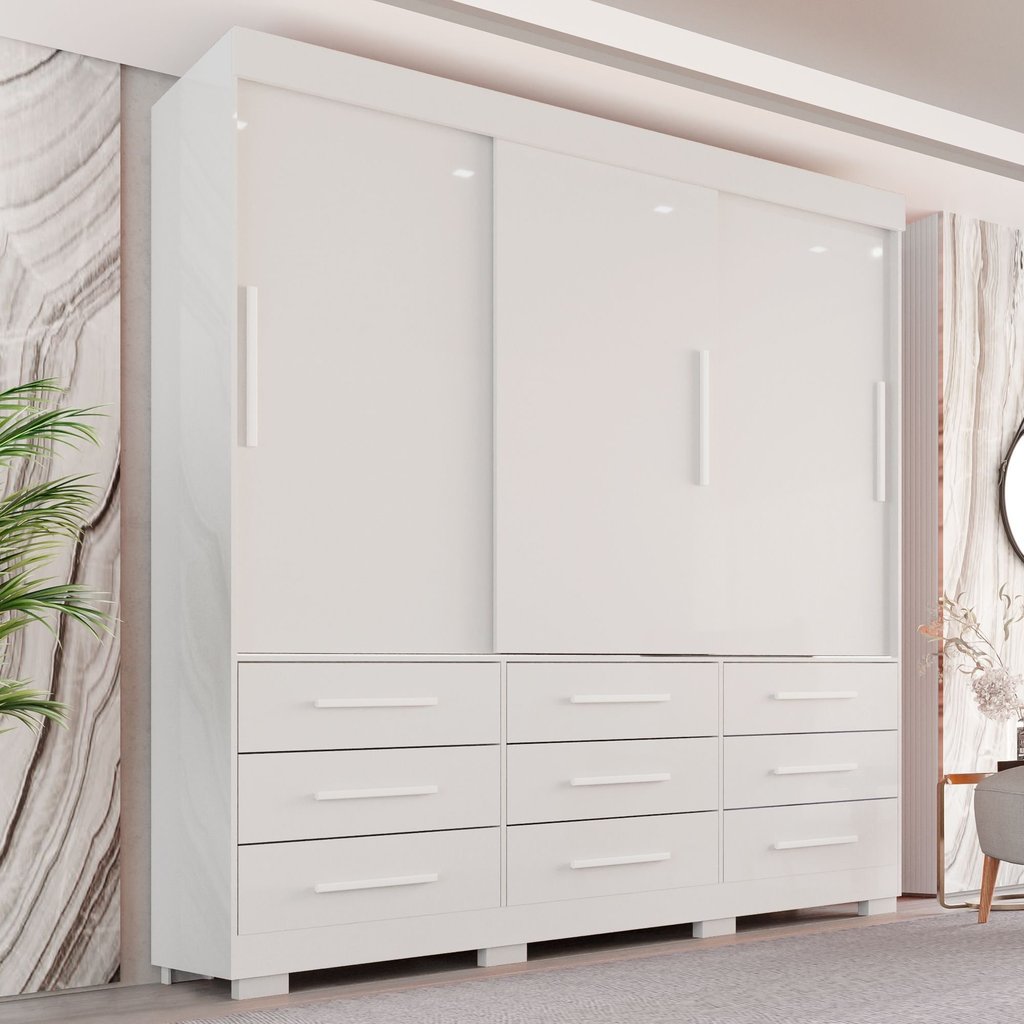 Guarda-Roupa Casal 3 Portas 9 Gavetas com Pés Luana Branco Branco