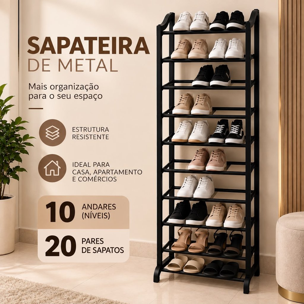 Sapateira de Metal Preta 10 Andares| Prateleira Organizadora de Sapatos e Calçados Vertical